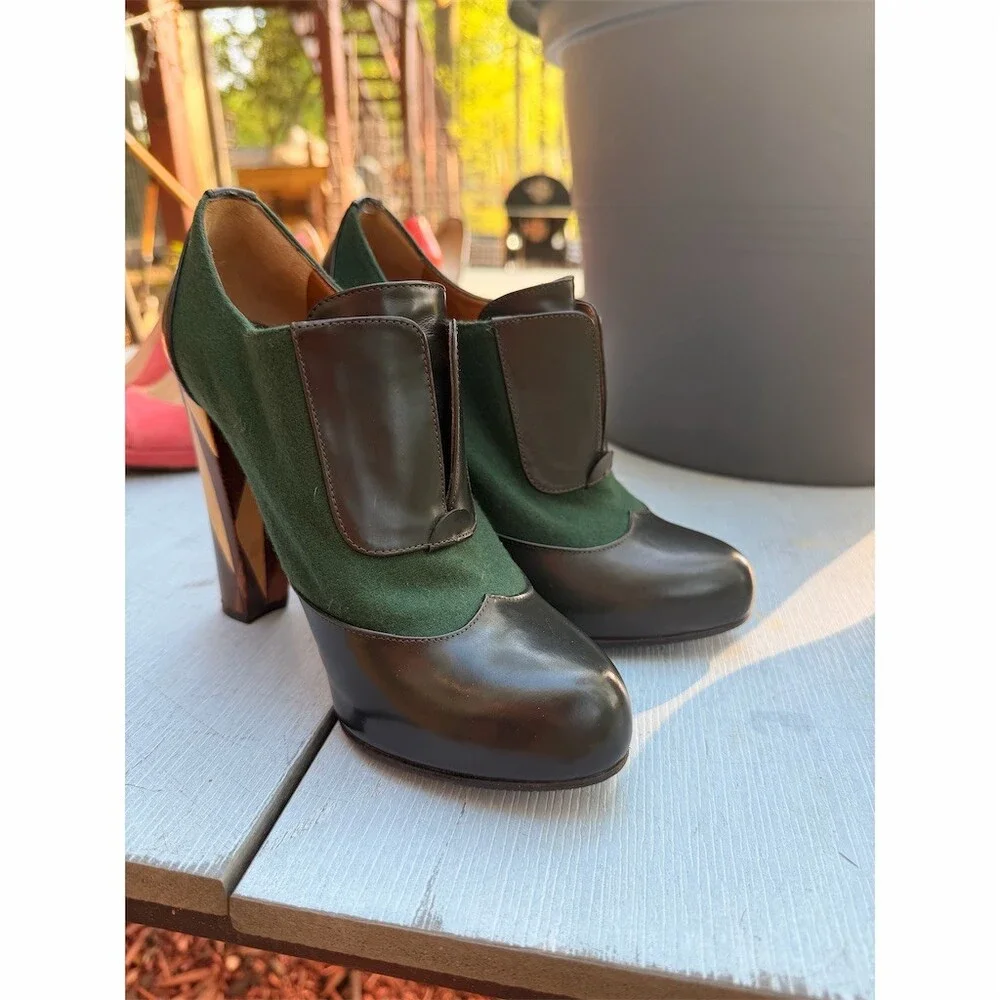 Fendi Platform Pump Heels Womens US 6.5 Green Brown Block Heel Round Toe - Picture 2 of 8